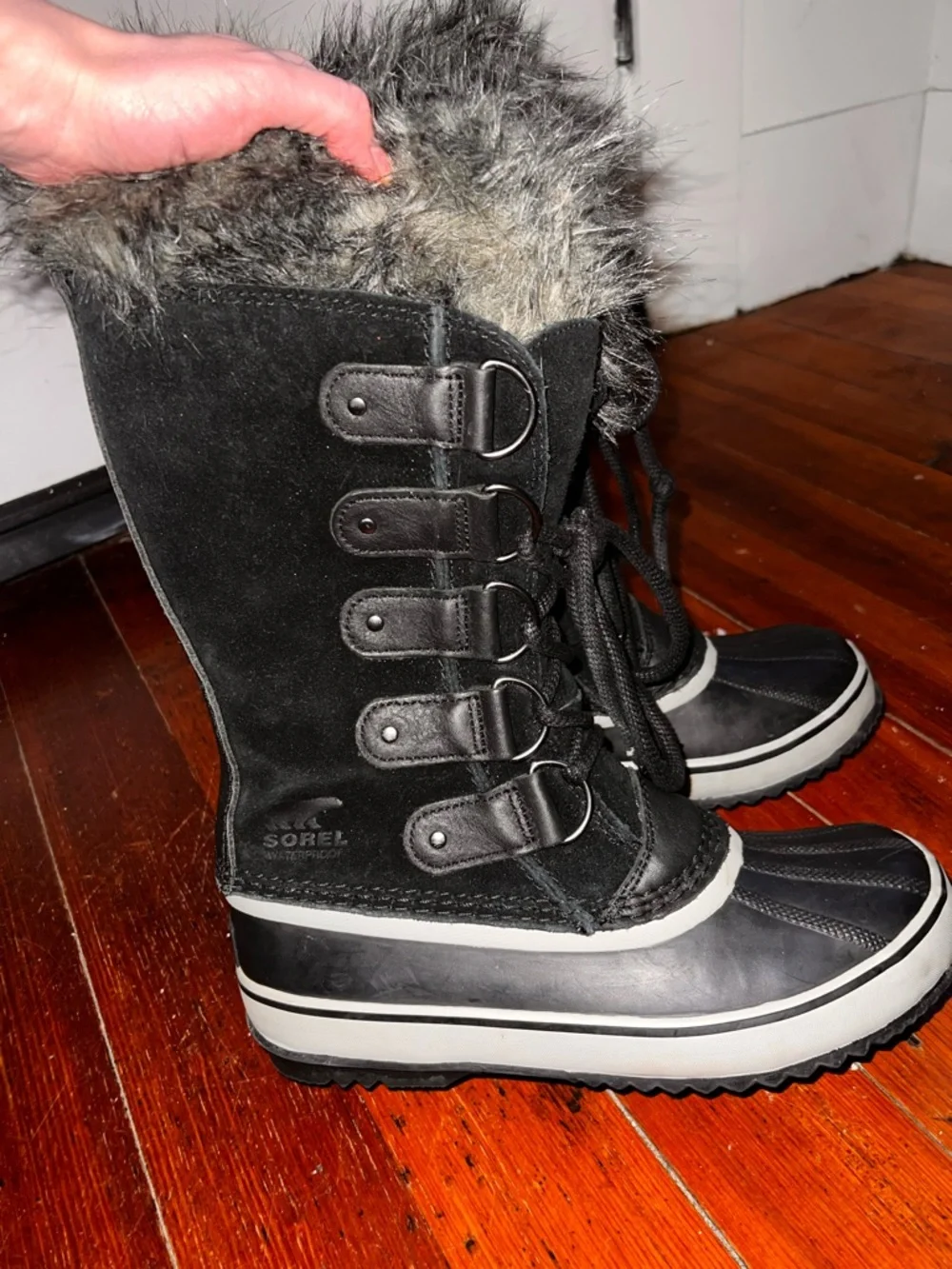 Sorel Tall Lace-Up Winter Boots with Faux Fur Trim - Black & Brown